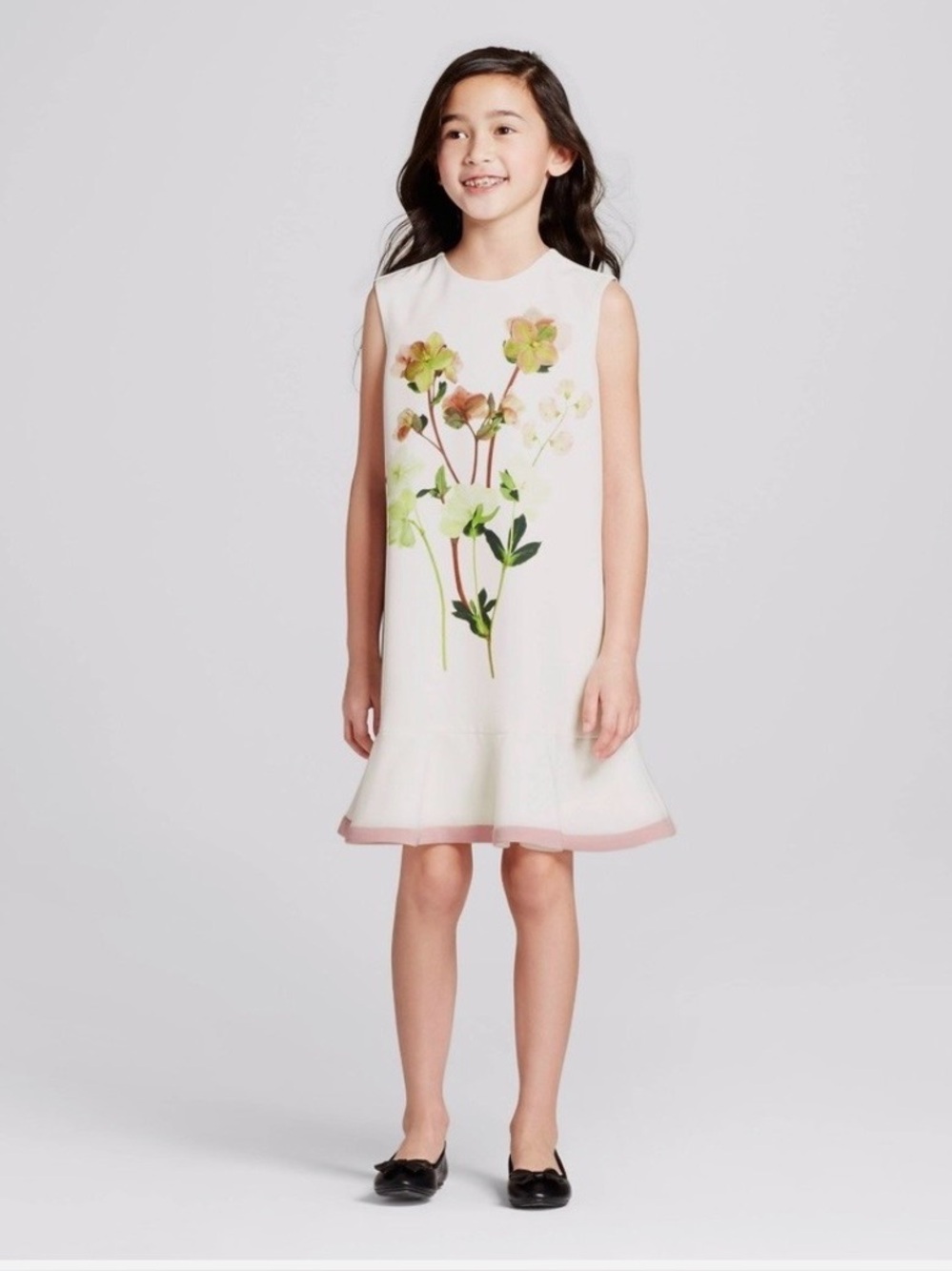Victoria Beckham for Target White Floral Ruffle Hem Dress with Pink Trim